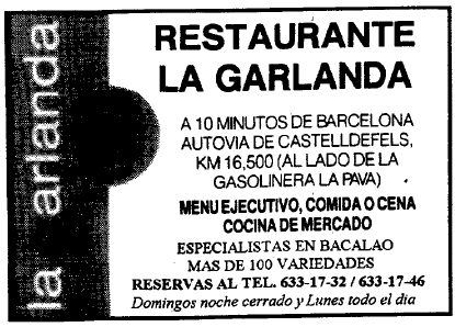 Anuncio del restaurante 'La Garlanda' de Gav Mar publicado en el diario EL MUNDO DEPORTIVO (3 de Enero de 1998)